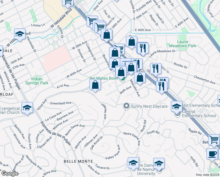 map of restaurants, bars, coffee shops, grocery stores, and more near 131 Irene Court in Belmont