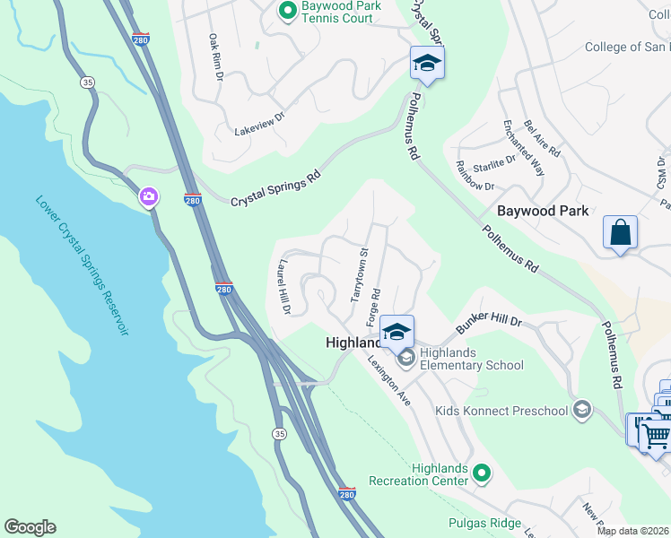map of restaurants, bars, coffee shops, grocery stores, and more near 1483 Laurel Hill Drive in San Mateo