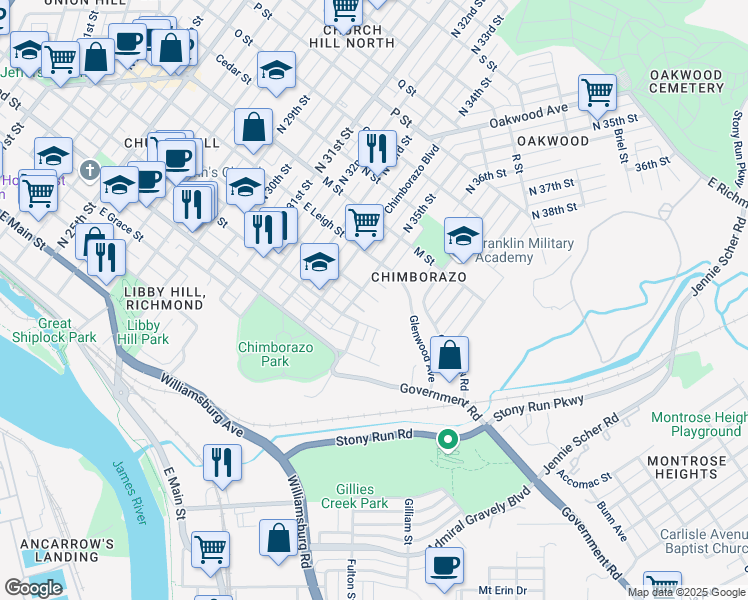 map of restaurants, bars, coffee shops, grocery stores, and more near 401 North 35th Street in Richmond