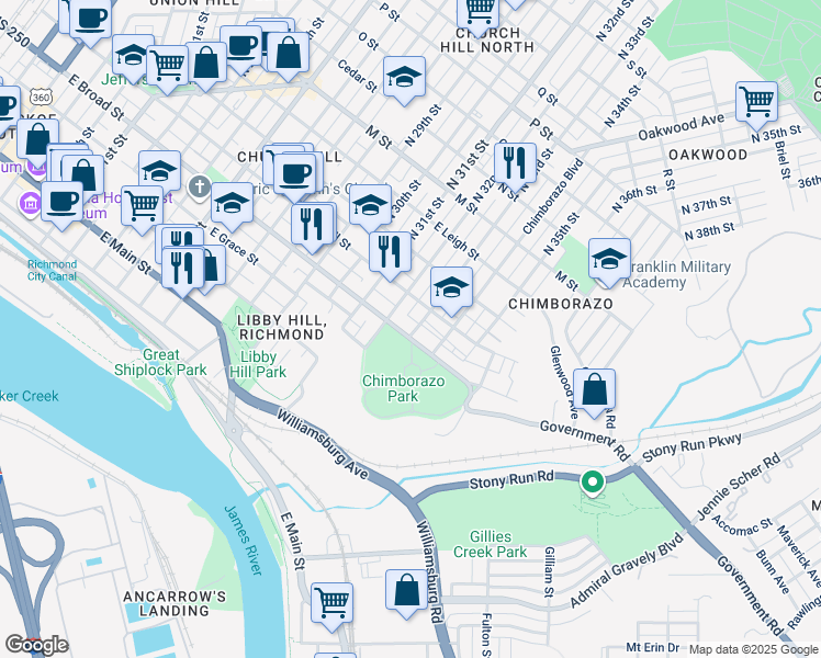 map of restaurants, bars, coffee shops, grocery stores, and more near 3215 East Broad Street in Richmond