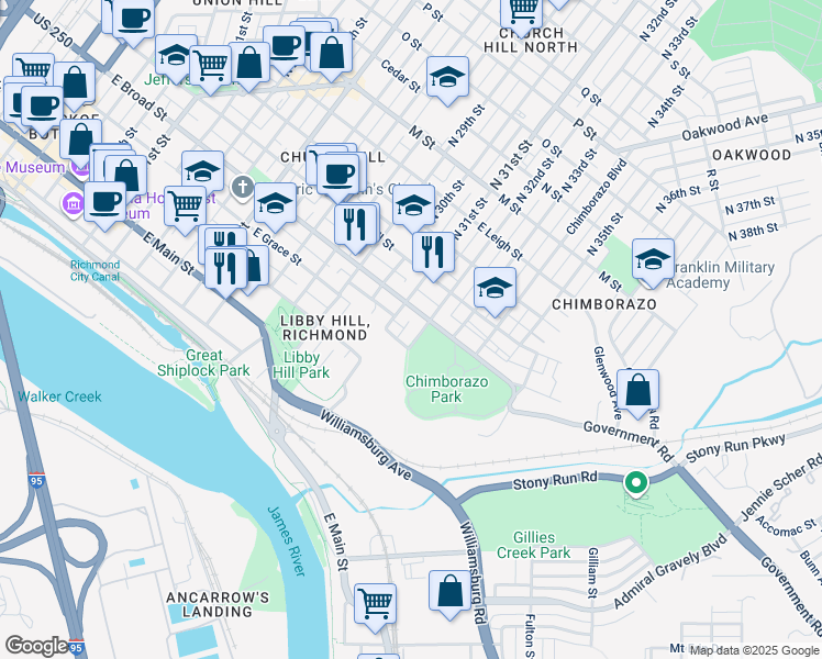map of restaurants, bars, coffee shops, grocery stores, and more near 130 North 32nd Street in Richmond