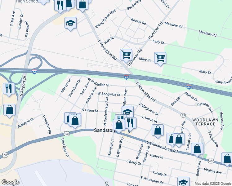 map of restaurants, bars, coffee shops, grocery stores, and more near 12 West Sedgwick Street in Sandston