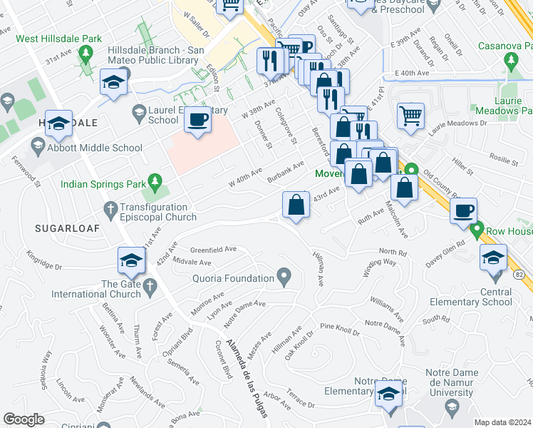 map of restaurants, bars, coffee shops, grocery stores, and more near 206 42nd Avenue in San Mateo
