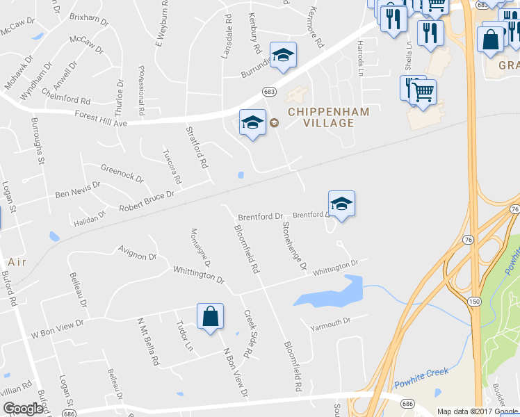 map of restaurants, bars, coffee shops, grocery stores, and more near 7832 Brentford Drive in Richmond