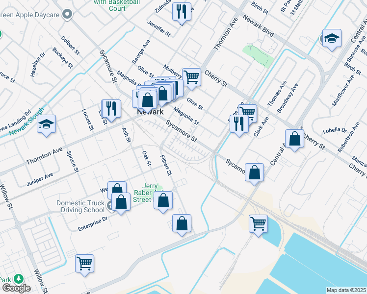 map of restaurants, bars, coffee shops, grocery stores, and more near 37171 Sycamore Street in Newark