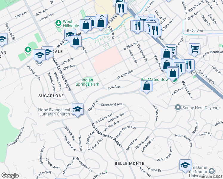 map of restaurants, bars, coffee shops, grocery stores, and more near 275 41st Avenue in San Mateo