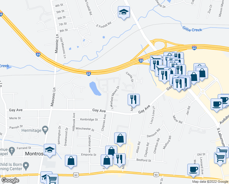 map of restaurants, bars, coffee shops, grocery stores, and more near Lakefield Mews Drive in Richmond