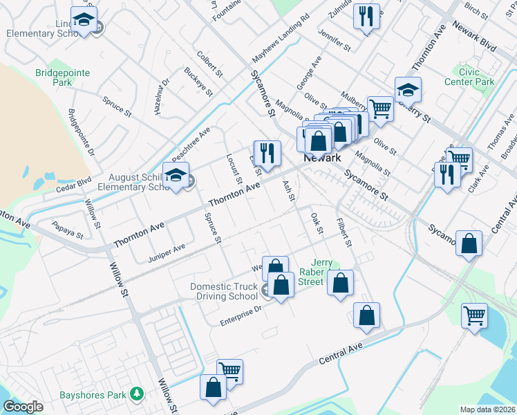 map of restaurants, bars, coffee shops, grocery stores, and more near 37054 Locust Street in Newark