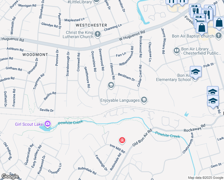 map of restaurants, bars, coffee shops, grocery stores, and more near 9611 Iredell Road in Richmond