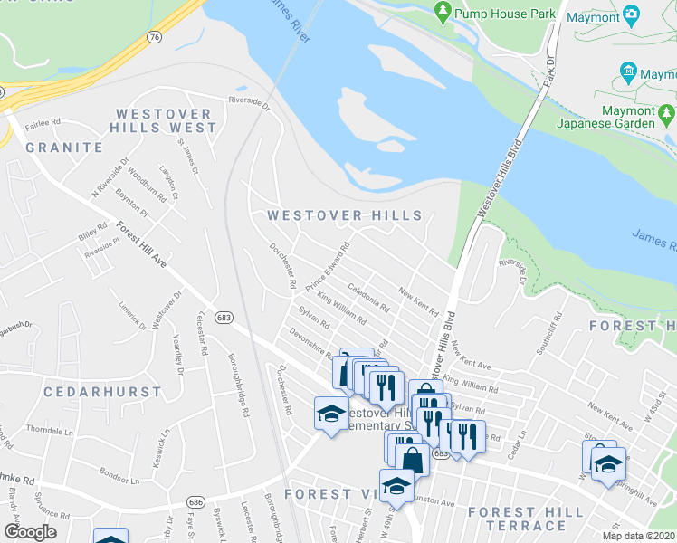 map of restaurants, bars, coffee shops, grocery stores, and more near 5215 Caledonia Road in Richmond