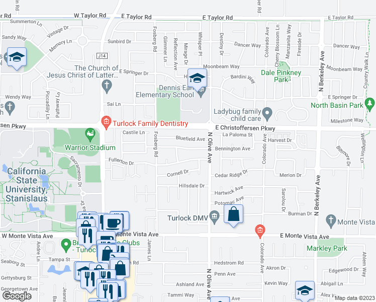 map of restaurants, bars, coffee shops, grocery stores, and more near 640 Bennington Avenue in Turlock