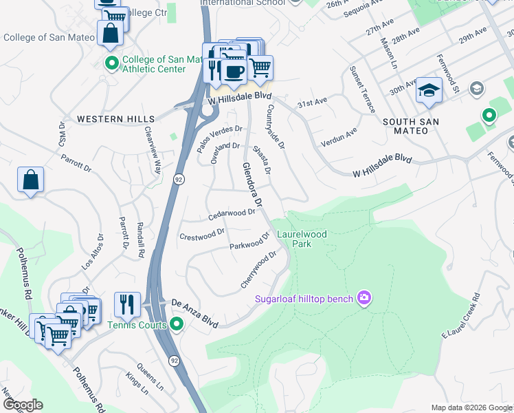 map of restaurants, bars, coffee shops, grocery stores, and more near 1409 Cedarwood Drive in San Mateo