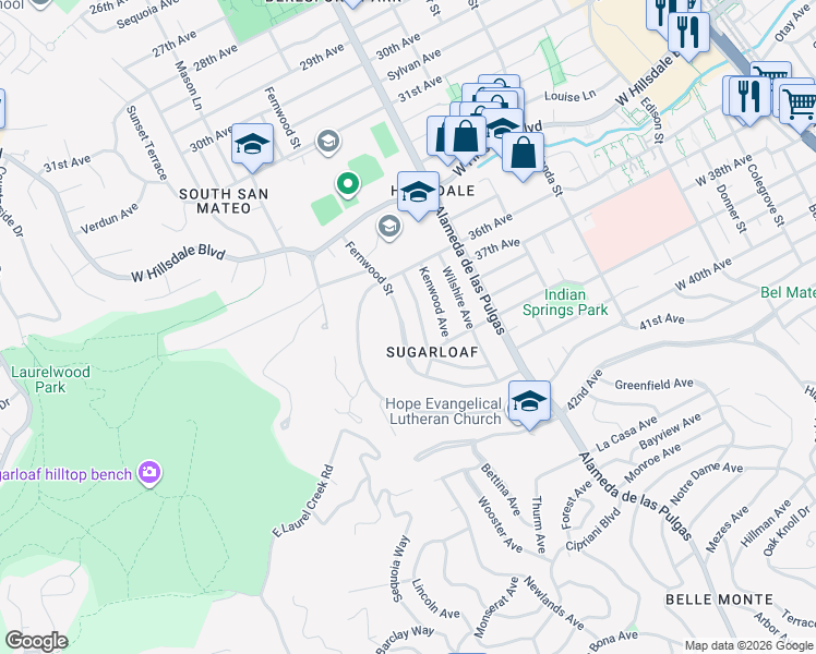 map of restaurants, bars, coffee shops, grocery stores, and more near 3727 Fernwood Street in San Mateo