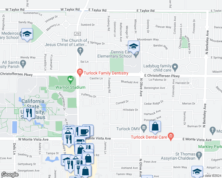 map of restaurants, bars, coffee shops, grocery stores, and more near 400 Bennington Avenue in Turlock