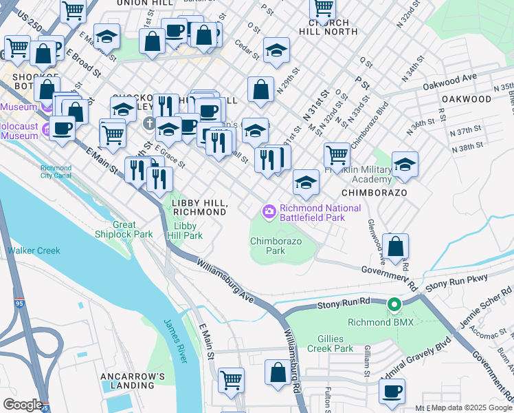 map of restaurants, bars, coffee shops, grocery stores, and more near 222 North 32nd Street in Richmond