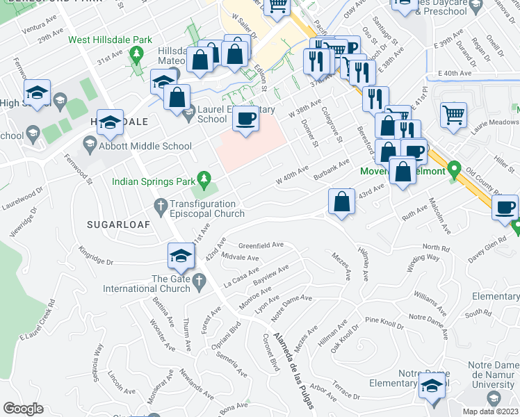 map of restaurants, bars, coffee shops, grocery stores, and more near 275 41st Avenue in San Mateo