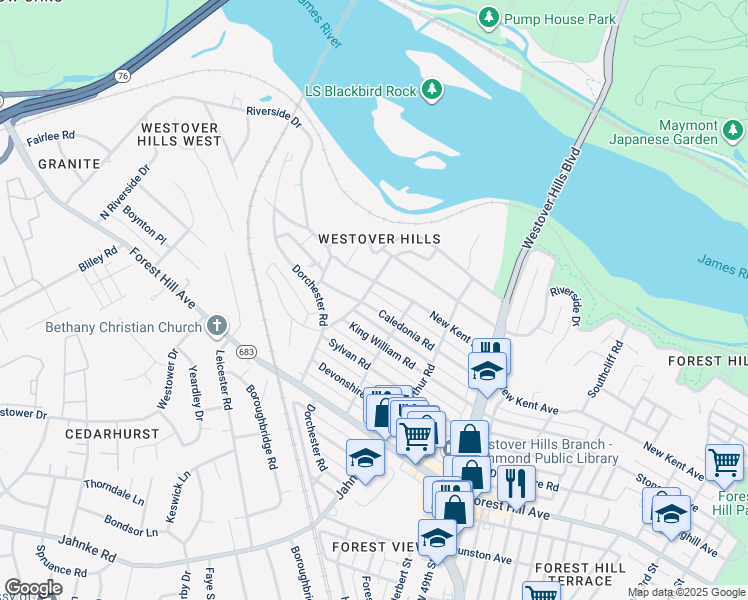 map of restaurants, bars, coffee shops, grocery stores, and more near 5215 Caledonia Road in Richmond