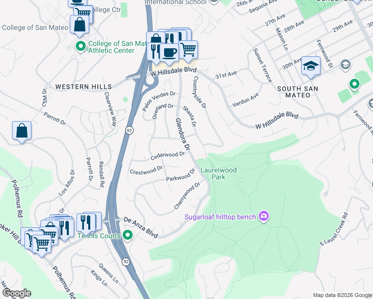 map of restaurants, bars, coffee shops, grocery stores, and more near 1409 Cedarwood Drive in San Mateo