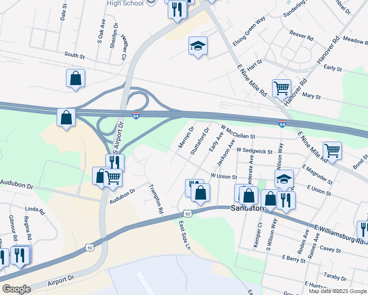 map of restaurants, bars, coffee shops, grocery stores, and more near 204 Meroyn Drive in Sandston