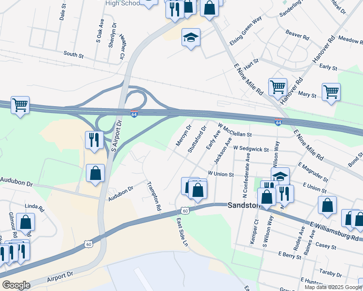 map of restaurants, bars, coffee shops, grocery stores, and more near 204 Meroyn Drive in Sandston