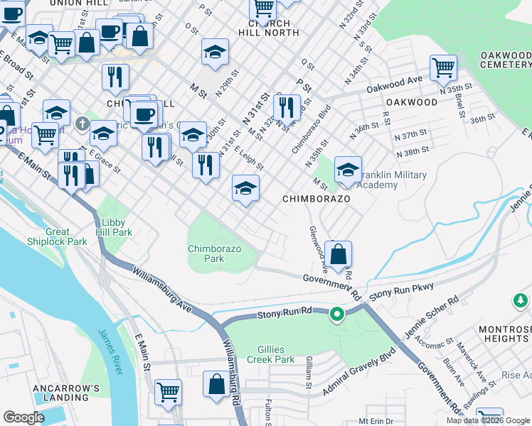 map of restaurants, bars, coffee shops, grocery stores, and more near in Richmond