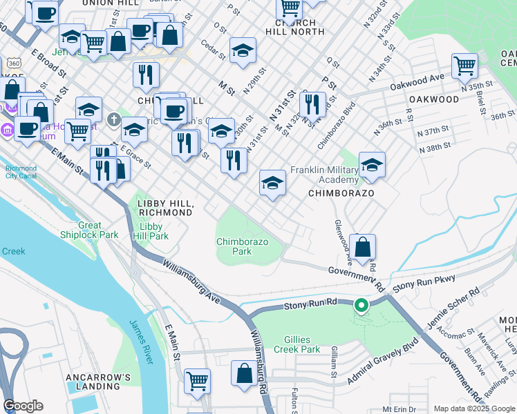 map of restaurants, bars, coffee shops, grocery stores, and more near 3320 East Broad Street in Richmond