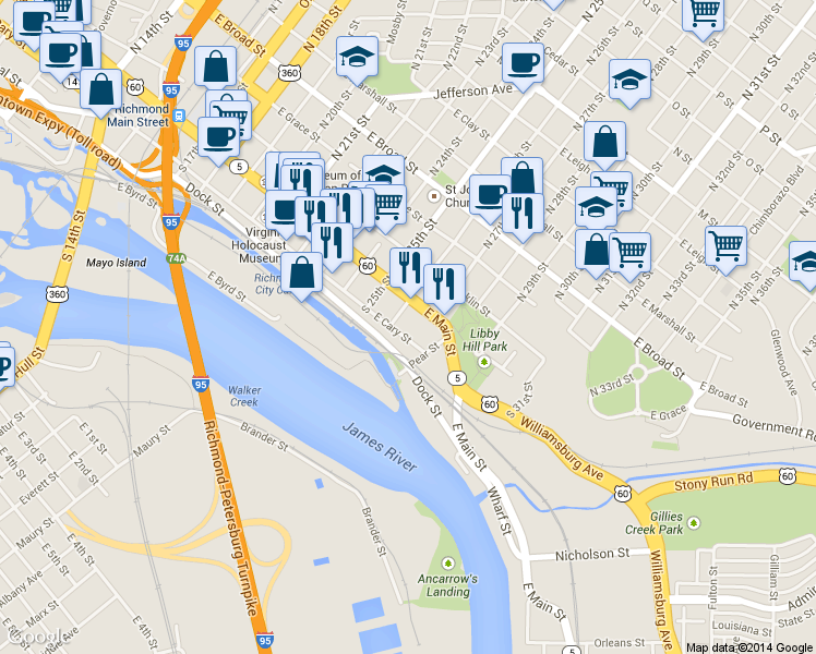 map of restaurants, bars, coffee shops, grocery stores, and more near 2803 Dock Street in Richmond