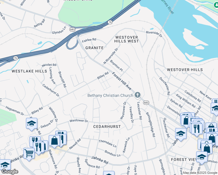 map of restaurants, bars, coffee shops, grocery stores, and more near 5845 Riverside Trail in Richmond