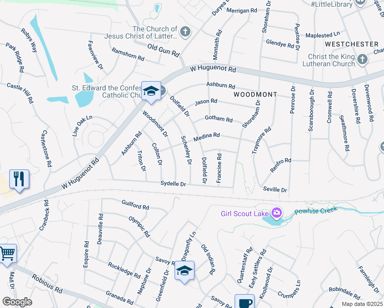 map of restaurants, bars, coffee shops, grocery stores, and more near 2349 Schenley Drive in Richmond