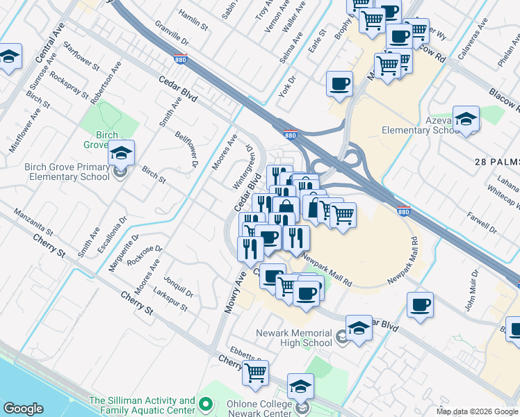map of restaurants, bars, coffee shops, grocery stores, and more near 38940 Spicebush Place in Newark