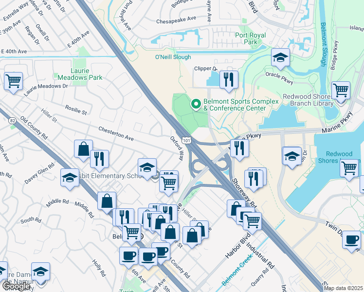 map of restaurants, bars, coffee shops, grocery stores, and more near 321 Oxford Way in Belmont