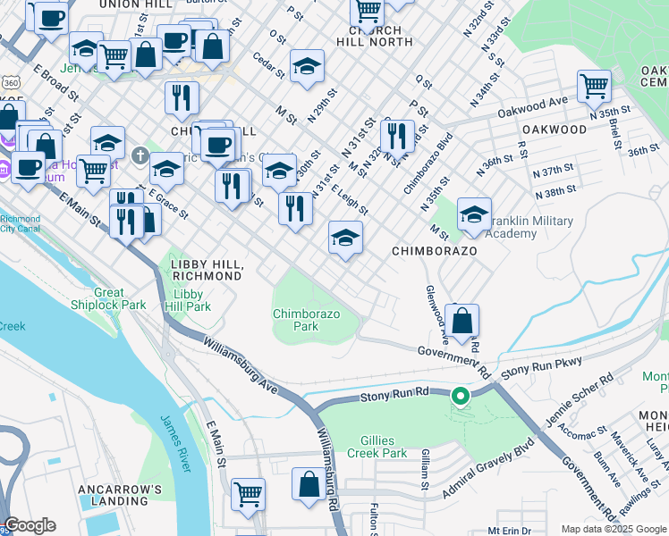 map of restaurants, bars, coffee shops, grocery stores, and more near 3320 East Broad Street in Richmond