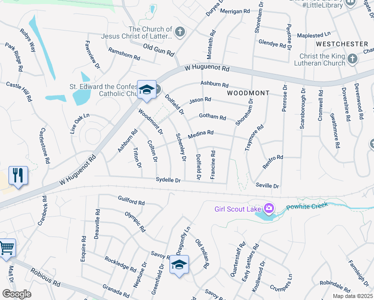 map of restaurants, bars, coffee shops, grocery stores, and more near 2349 Schenley Drive in Richmond