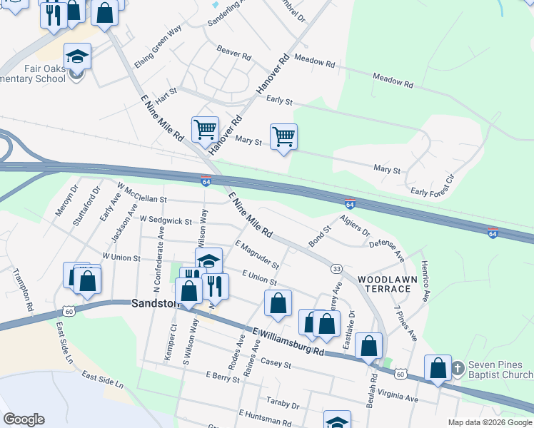 map of restaurants, bars, coffee shops, grocery stores, and more near 2008 East 9 Mile Road in Sandston