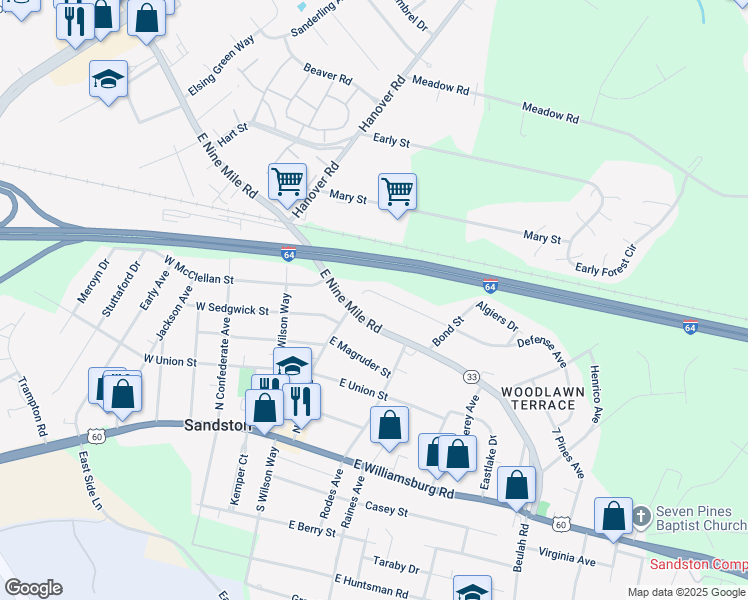 map of restaurants, bars, coffee shops, grocery stores, and more near 91 Defense Avenue in Sandston