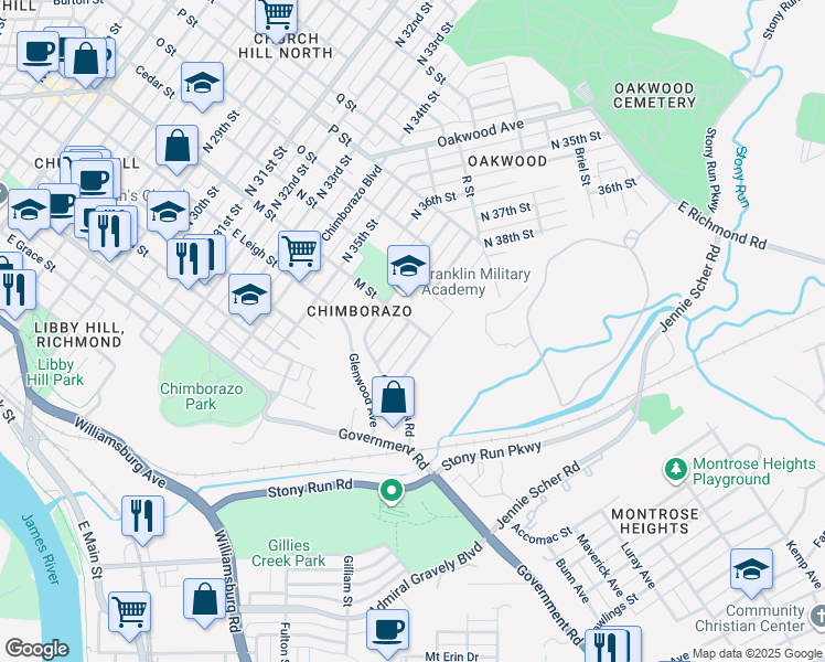 map of restaurants, bars, coffee shops, grocery stores, and more near 621 North 38th Street in Richmond