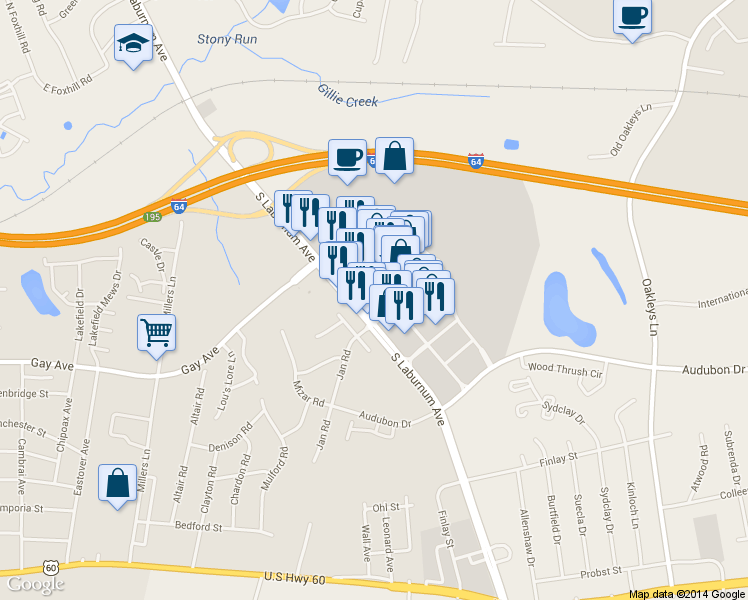 map of restaurants, bars, coffee shops, grocery stores, and more near 4443 South Laburnum Avenue in Richmond