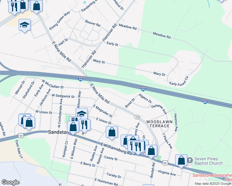 map of restaurants, bars, coffee shops, grocery stores, and more near 98 Defense Avenue in Sandston
