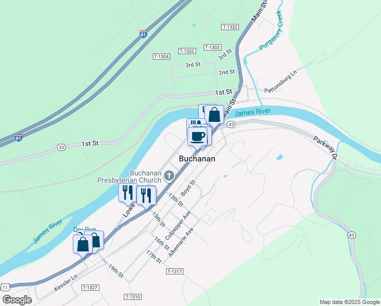 map of restaurants, bars, coffee shops, grocery stores, and more near in Buchanan