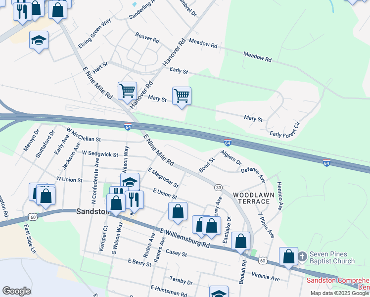 map of restaurants, bars, coffee shops, grocery stores, and more near 98 Defense Avenue in Sandston