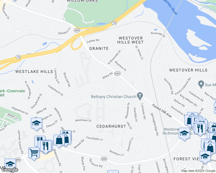 map of restaurants, bars, coffee shops, grocery stores, and more near 5517 Riverside Heights Way in Richmond