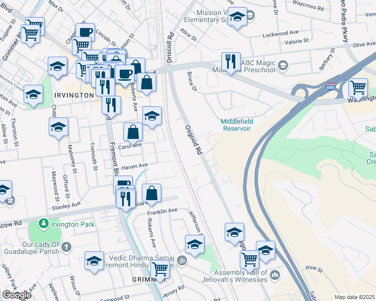 map of restaurants, bars, coffee shops, grocery stores, and more near 42111 Osgood Road in Fremont