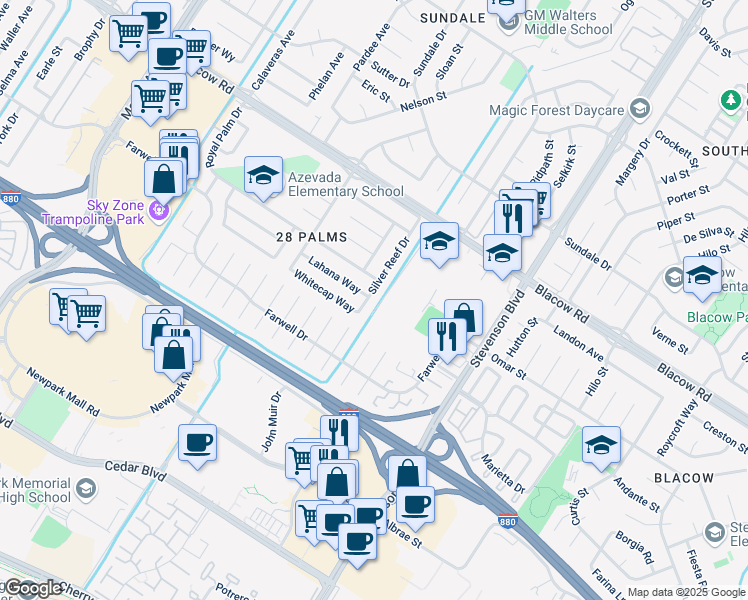 map of restaurants, bars, coffee shops, grocery stores, and more near 5192 Silver Reef Drive in Fremont