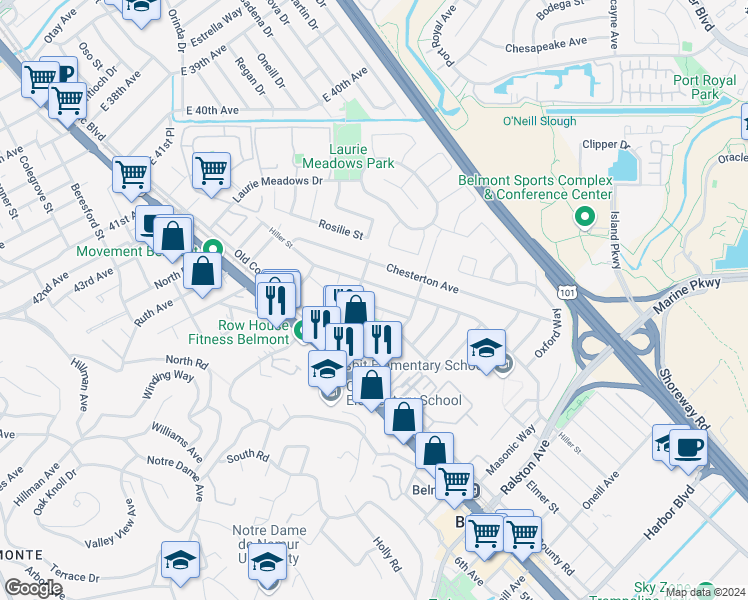 map of restaurants, bars, coffee shops, grocery stores, and more near 406 Yorkshire Way in Belmont