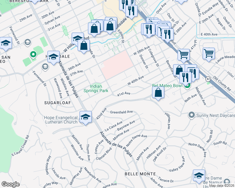 map of restaurants, bars, coffee shops, grocery stores, and more near 284 41st Avenue in San Mateo