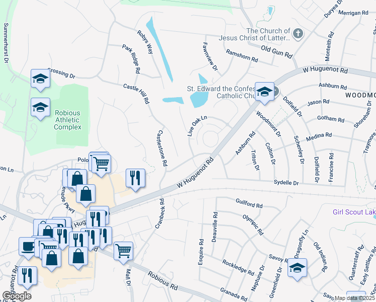 map of restaurants, bars, coffee shops, grocery stores, and more near 2825 Live Oak Lane in Midlothian
