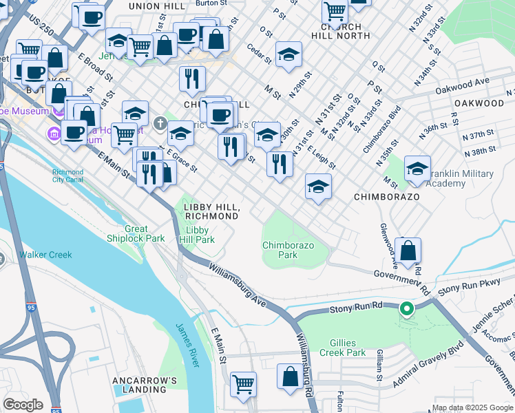 map of restaurants, bars, coffee shops, grocery stores, and more near 209 North 31st Street in Richmond