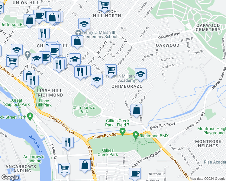 map of restaurants, bars, coffee shops, grocery stores, and more near 3506 East Clay Street in Richmond