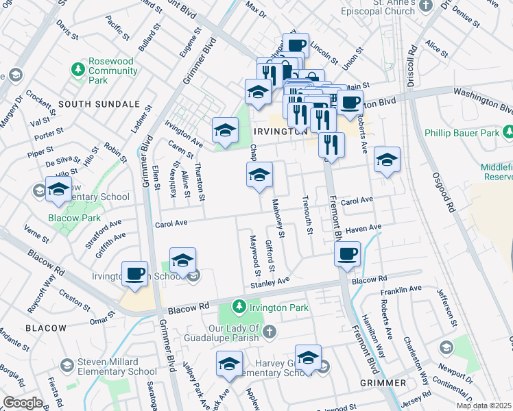 map of restaurants, bars, coffee shops, grocery stores, and more near 41399 Chapel Way in Fremont