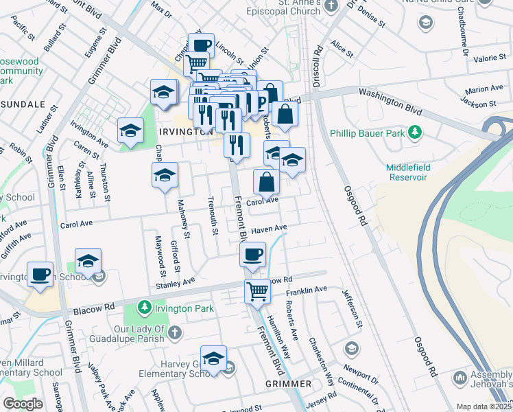 map of restaurants, bars, coffee shops, grocery stores, and more near 3898 Carol Avenue in Fremont